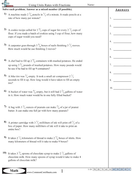 Ratio Worksheets - Using Units Rates with Fractions worksheet